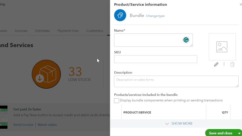 Product/service information screen in QuickBooks where you can add a new bundle.