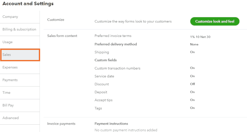 Account and Settings page in QuickBooks Online showing the customization options for sales forms under the Sales tab.
