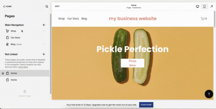 Reordering web pages inside Squarespace's editor