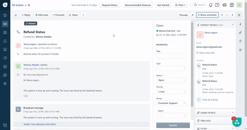 Freshdesk ticketing system with ticket activity and customer interaction history.