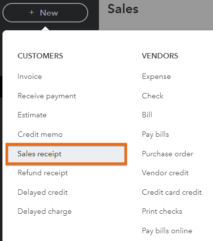 Screen in QuickBooks showing how to navigate to the sales receipt form