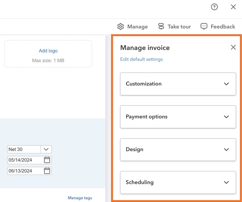 Screen in QuickBooks showing four invoice customization options, including payment options and design