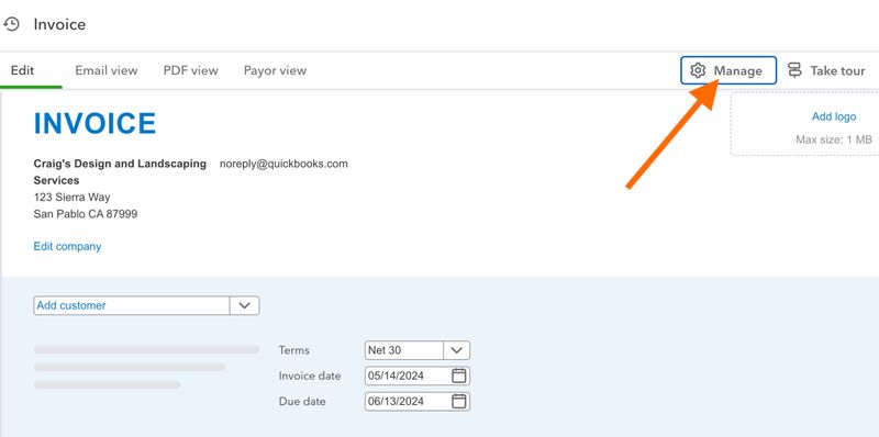 QuickBooks Online's invoicing form highlighting the Manage button to access additional invoice customization options