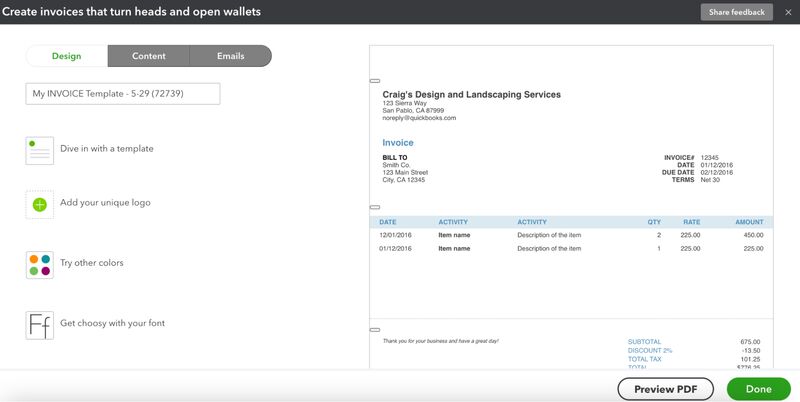 Screen where you can customize a new invoice template in QuickBooks Online