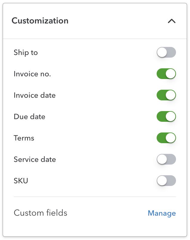 Section where you can customize the invoice fields in QuickBooks Online