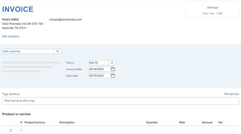 New invoicing form in QuickBooks Online where you can create and customize invoices on the spot