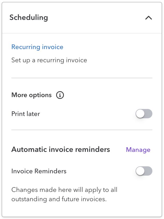 Section where you can schedule recurring invoices in QuickBooks Online