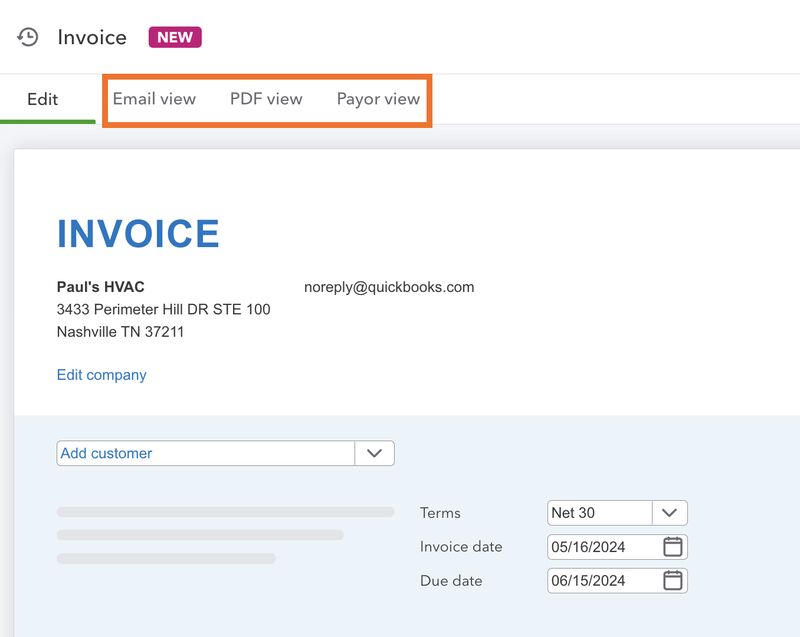 QuickBooks Online's invoicing form showing where to see your invoice in an email, PDF, and payor view