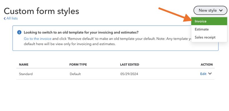 Custom form styles screen in QuickBooks where you can select "invoice" to create a new invoice template