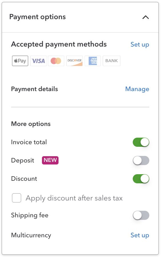 Section where you can set up payment options to apply to an invoice in QuickBooks Online