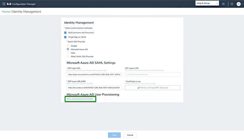 8x8 Configuration Manager interface showing the Identity Management settings, which include input fields for integrating 8x8 with Microsoft Azure