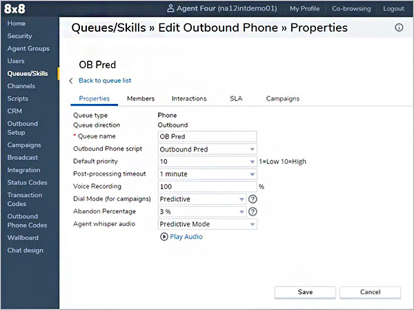 8x8 interface showing the outbound phone settings that include input fields for queue type, post-processing timeout, and dial mode