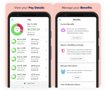 ADP employee pay information and benefits in mobile view.