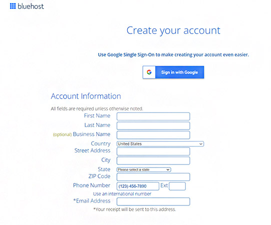 Screenshot of Bluehost webmail account sign up page