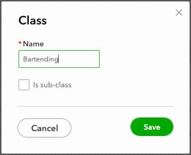 Screen where you can add a new class in QuickBooks Online.