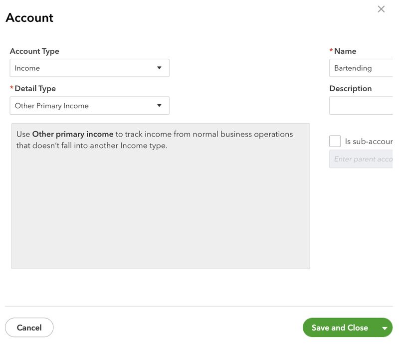 Screen where you can create a new income account in QuickBooks Online.