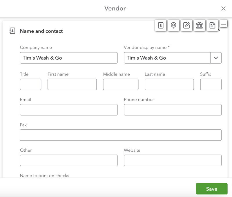 Screen where you can enter a new vendor or supplier in QuickBooks Online.