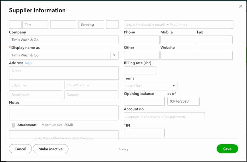 Screen where you can add a new supplier or vendor in QuickBooks Online.