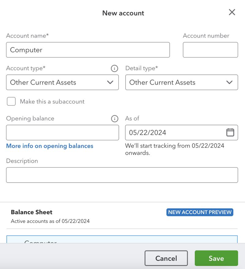 Screen where you can add a new asset account in QuickBooks Online.