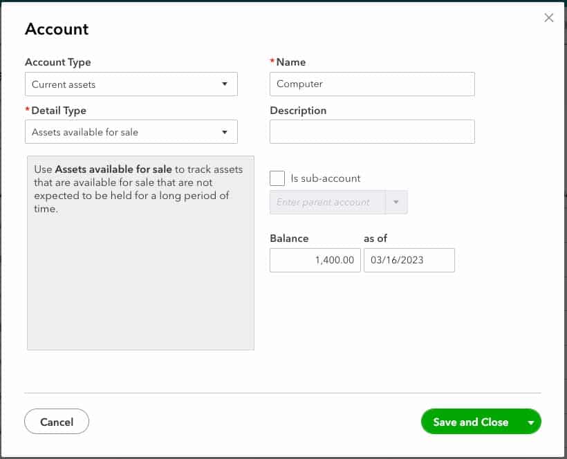 Screen where you can add a new asset account in QuickBooks Online.