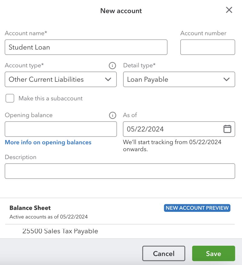 Screen where you can add a new liability account in QuickBooks Online.
