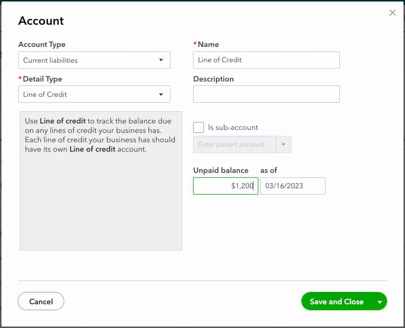 Screen where you can add a new liability account in QuickBooks Online.