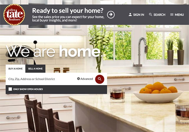 Sample real estate website with tagline, "We are home."