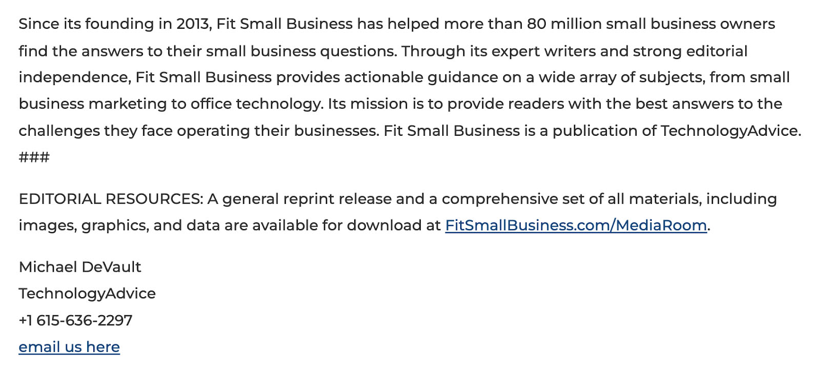 An example of a press release boilerplate from Fit Small Business.