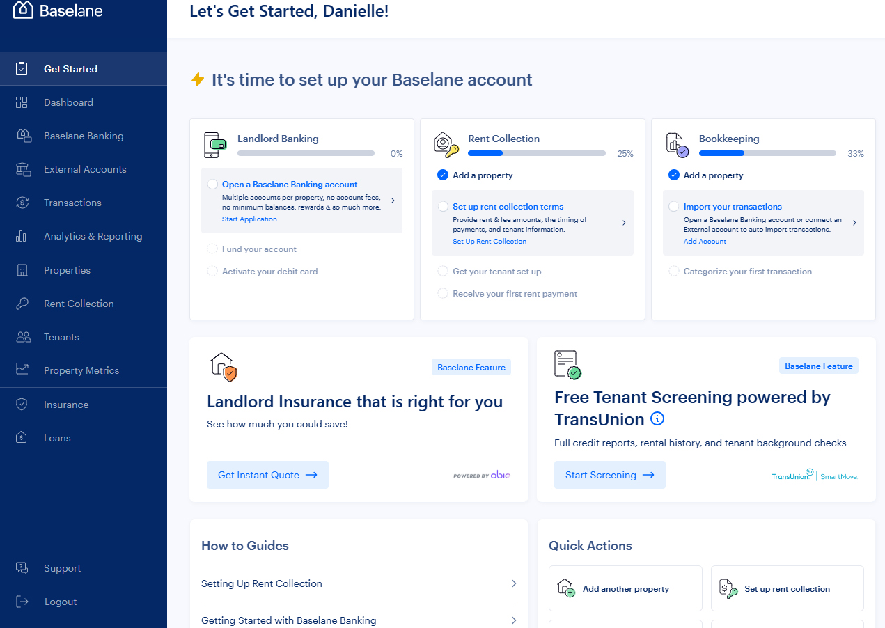 Baselane's dashboard shows an overview of several sections, such as Landlord Banking, Rent Collection, Bookkeeping, and Insurance.