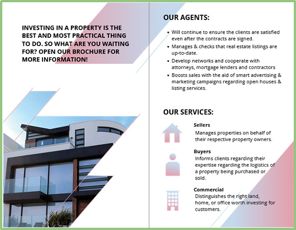 Bifold brokerage brochure with icons, images, and brokerage information.