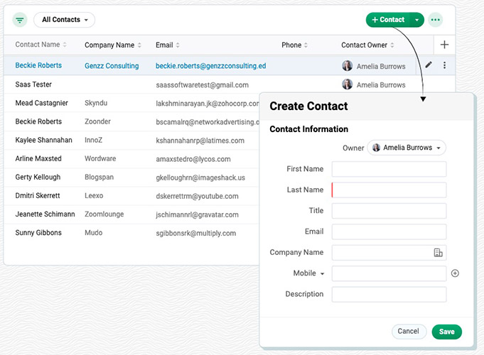 An example showing how Bigin by Zoho CRM users can create a new contact.