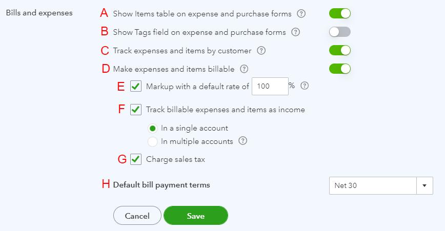 Bills and expenses screen showing the fields you can turn on and off in QuickBooks Online