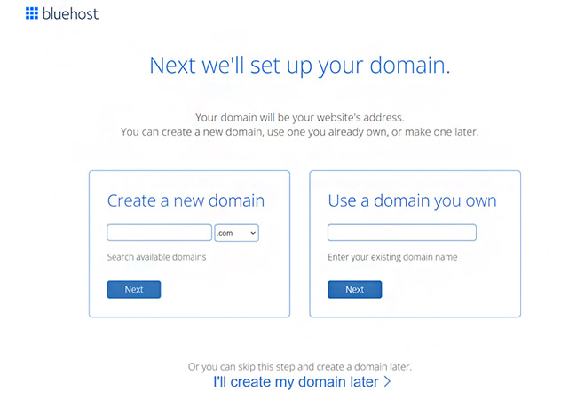 Screenshot of choosing a domain for Bluehost business email