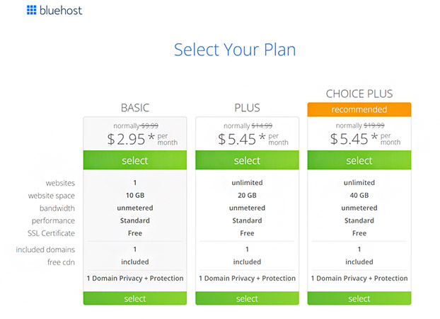 Screenshot Bluehost business email plans