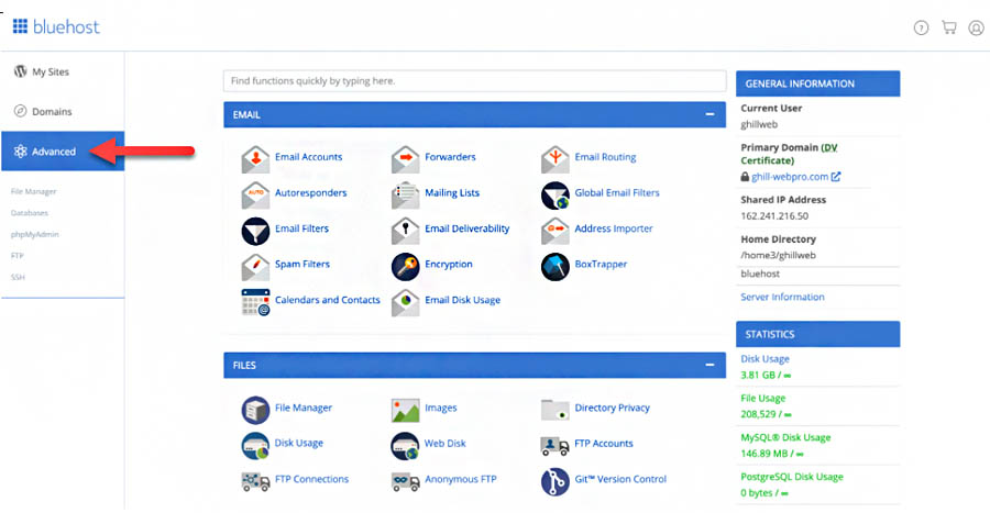 Screenshot of the email set up panel for Bluehost