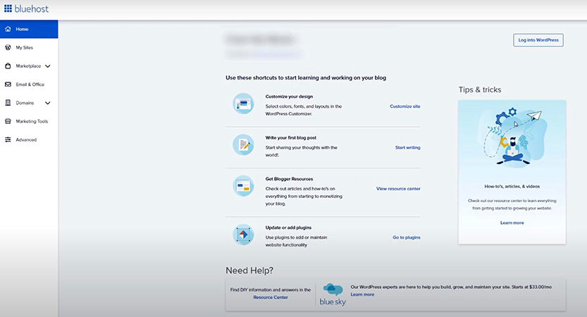 Screenshot of Bluehost dashboard