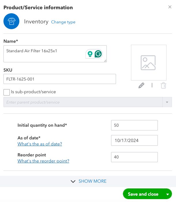 Inventory creation form in QuickBooks Online showing fields like name and SKU.