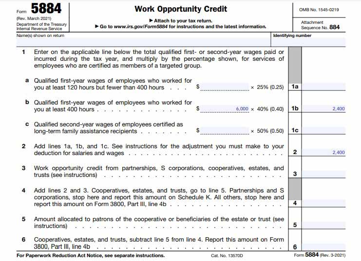 IRS Form 5884 lines 1 through 6 used to calculate the Work Opportunity Tax Credit.