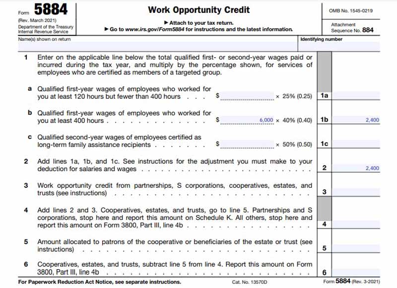 An example of IRS Form 5884 lines 1 through 6 used to calculate the Work Opportunity Tax Credit.