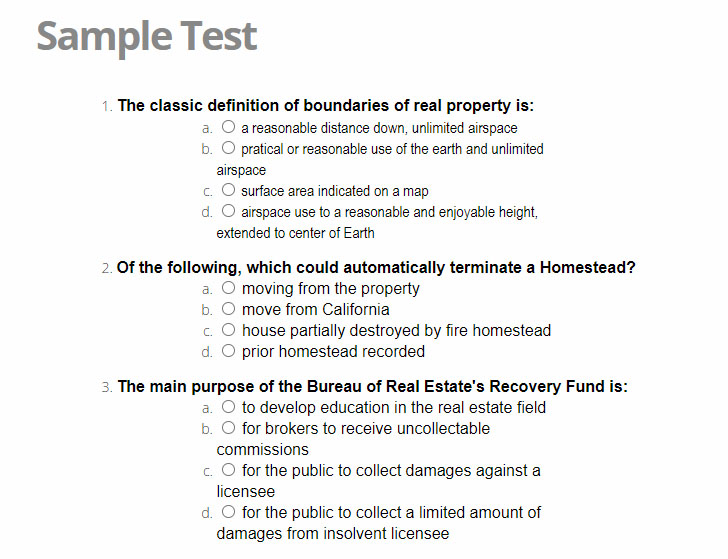 Screenshot of sample test questions.