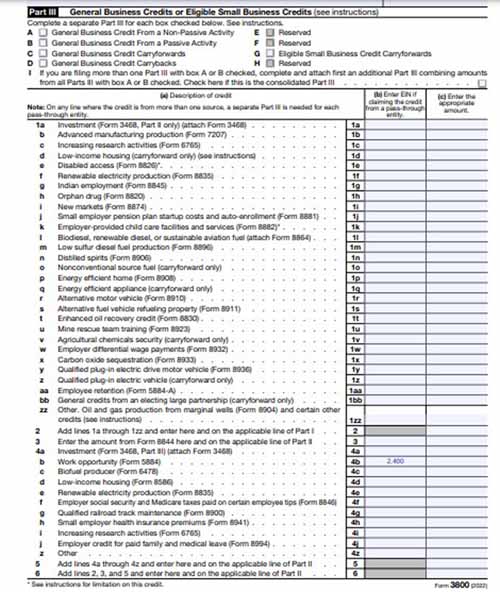 An example of IRS Form3800 lines 1 through 21 used to report the Work Opportunity Tax Credit.