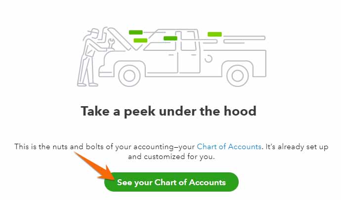 Screen showing where to click to view the chart of accounts in QuickBooks Online.