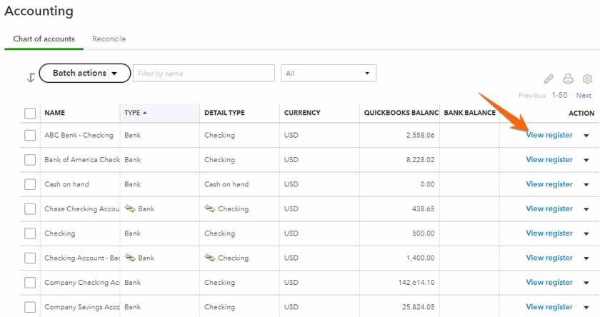 Screen showing how to view the transactions associated with an imported account in QuickBooks online.