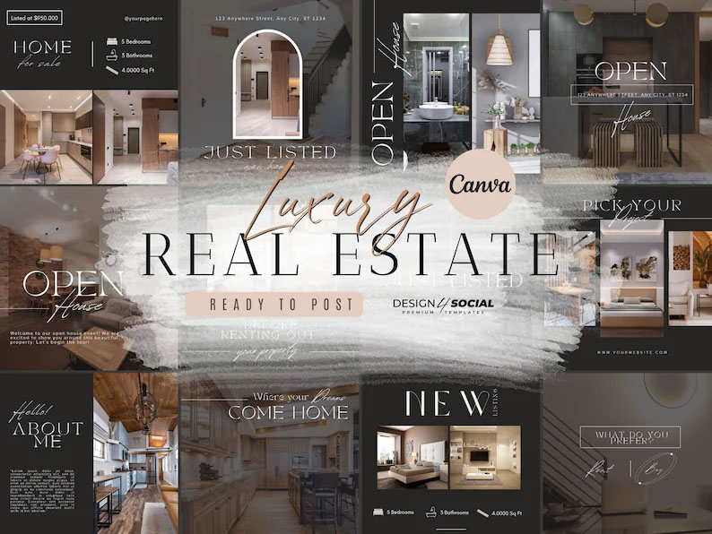 Collage of luxury real estate marketing materials from Canva.