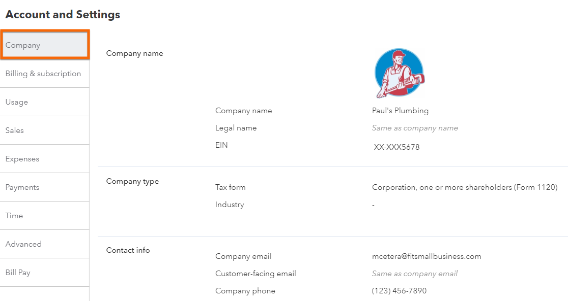 Company tab showing areas you need to set up, such as company name, type, and contact info