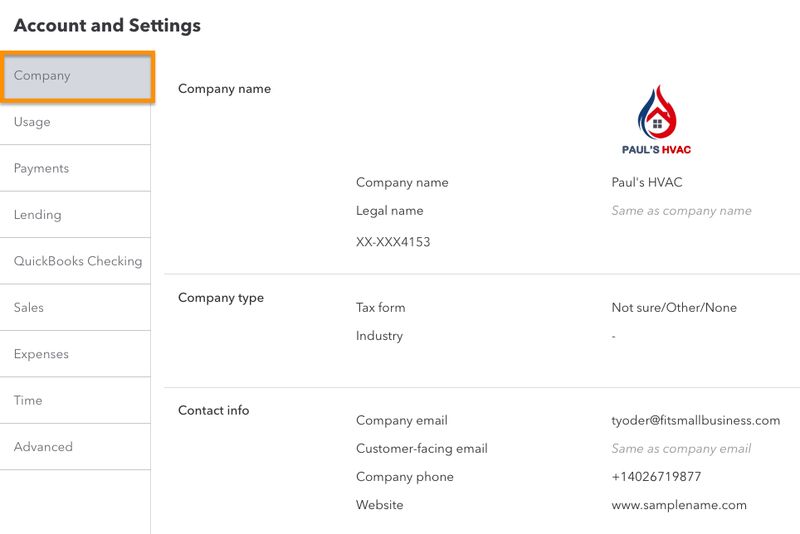 Screen where you can enter or update basic company info in QuickBooks Online like company name and type