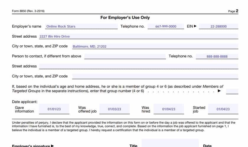 Example of page 2 of Form 8850 completed by an employer.