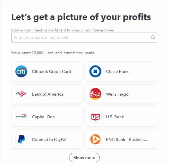 Screen where you can select or enter the bank you wish to connect to QuickBooks Online.