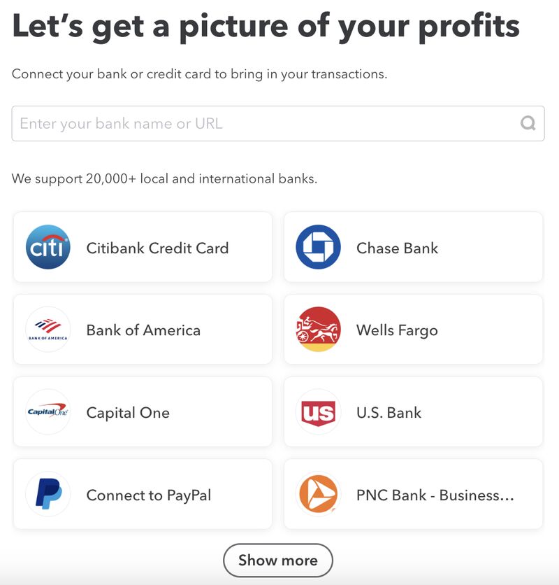 Screen showing where to connect bank accounts to QuickBooks Online.