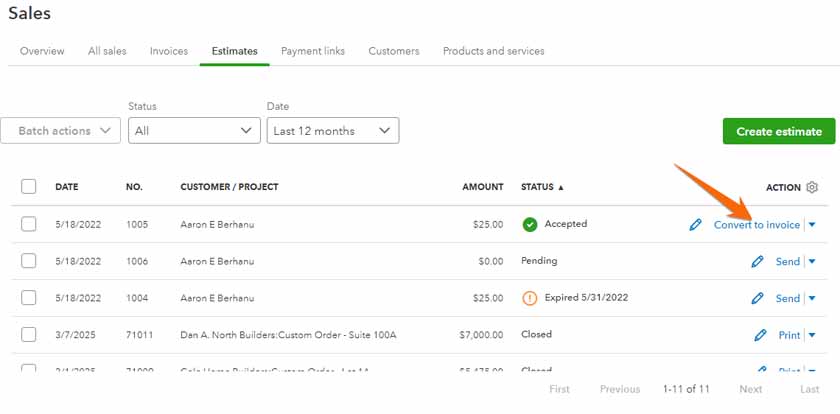 Screen indicating where to click to convert an estimate into an invoice.